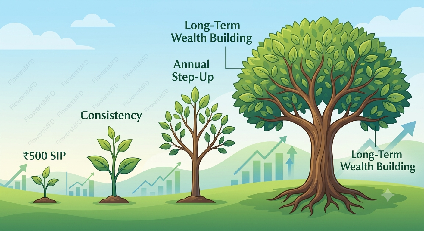 Illustration showing how a small SIP can grow over time through disciplined investing.